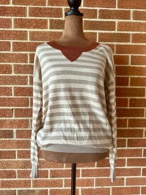Wallace Pullover Striped Cream Brown Rust Crew Neck Long Sleeve Sweater, Size M